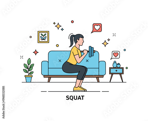 Squat home fitness scene where a person performs bodyweight squats in a living room while small sparkle and heart icons emphasize health, wellness, and