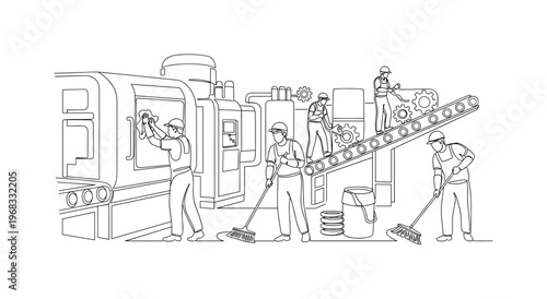 Factory Floor Maintenance. Minimalistic one-line drawing workers cleaning surfaces and machinery, continuous single black line on white background, simple