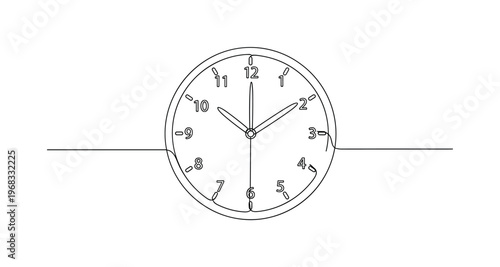 Analog Clock. Minimalistic one-line drawing classic circular clock with numbers and two hands, continuous single black line on white background, simple outline