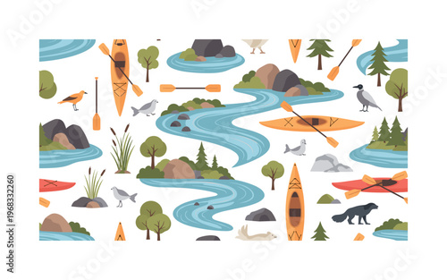 lake life seamless pattern, repeating pattern, surface design, textile print, modern illustration of kayaks, canoes, paddles, rivers, lakes, trees, rocks,