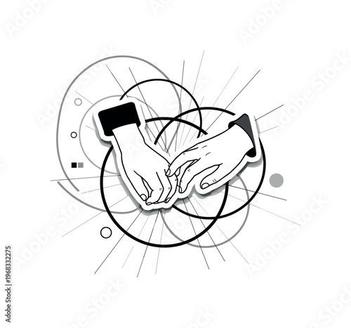 affectionate gestures geometric rings intersecting lines and minimal hand icons realistic black and white friends or partners holding hands or hugging warmly