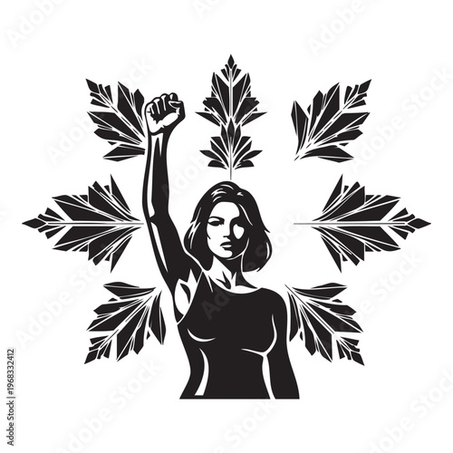 A determined woman raises her fist amidst stylized maple leaves a powerful protest silhouette high quality