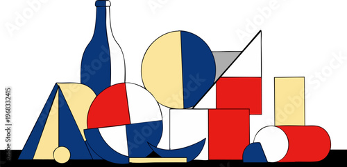 Abstract geometric still life vector illustration, minimalist cubist composition with primary colors, modern art arrangement of shapes and bottle
