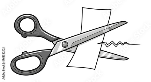Scissors cutting through white paper.
