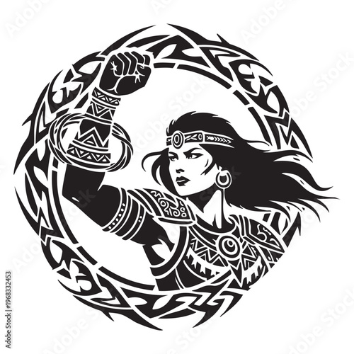 A determined woman raises her fist within a circular tribal art design a striking silhouette