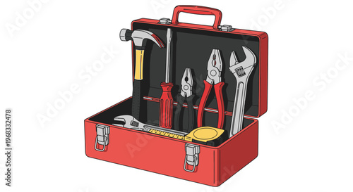 Red toolbox with various metal tools.