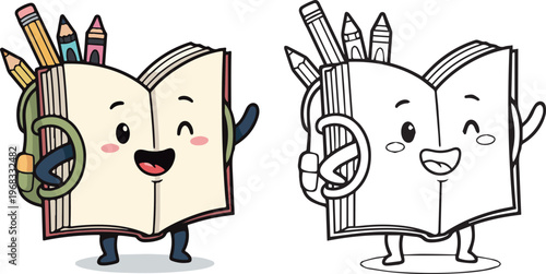 happy book and stationary pen pencil vector illustration of children kid color book