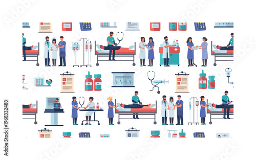 hospital care patterns seamless pattern, repeating pattern, surface design, textile print, modern illustration of doctors examining patients, nurses assisting,