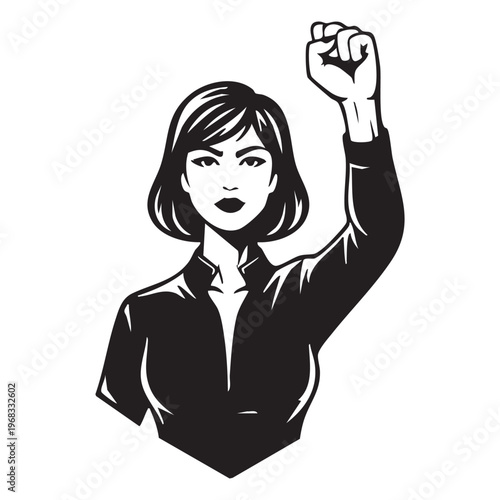 A determined woman raises her fist in a powerful gesture of defiance black and white silhouette