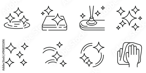 Set of eight black line icons representing surface cleaning, polishing, and sparkling shine effects
