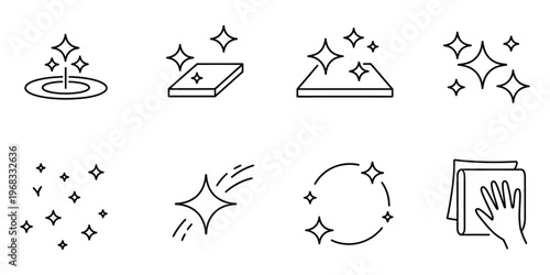 Set of eight black line icons representing surface cleaning, polishing, and sparkling shine effects, hand drawn vector illustration