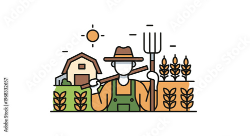 Farmer Holding Pitchfork in Farm.