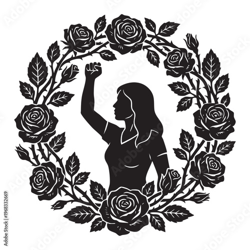 A raised fist framed by roses in a circular design creating a powerful symbolic image silhouette