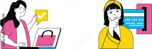 Woman shopping online with approval while another contemplates a digital form thoughtfully