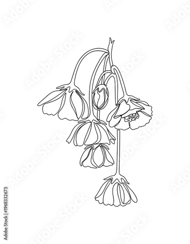 Falling Petals. Minimalistic one-line drawing flowers drooping with a sense of weight and gravity, continuous single black line on white background, simple