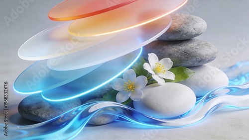 Serene wellness composition featuring smooth rounded spa stones in textured grey wave effect background wallpaper