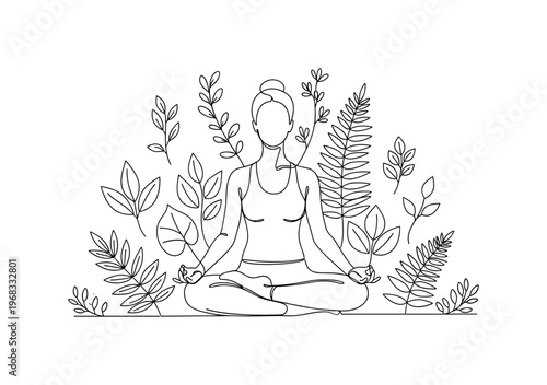 Nature Mindfulness. Minimalistic one-line drawing person in yoga posture among forest plants and foliage, continuous single black line on white background,