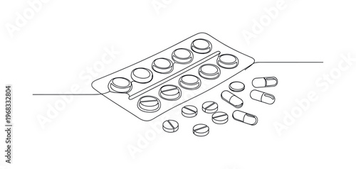 Medication Pack. Minimalistic one-line drawing blister pack with pills and loose capsules, continuous single black line on white background, simple outline