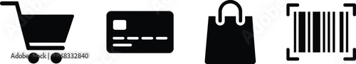 Shopping vector icon set featuring a grocery cart credit card shopping bag and barcode for retail e-commerce business and commercial consumer transactions.