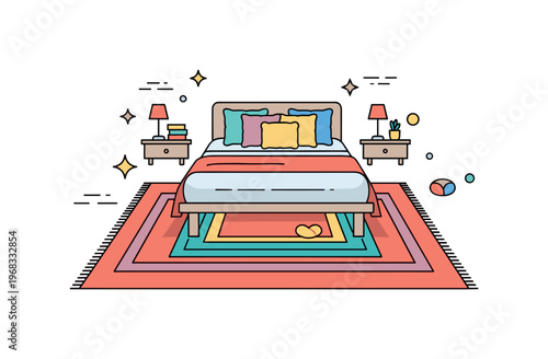 Rug under bed bedroom centerpiece scene where a rug forms the base of a bed setup with cushions and throws while small sparkle and line icons emphasize
