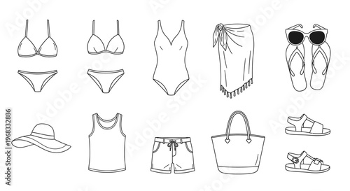 Collection of beachwear and accessories.