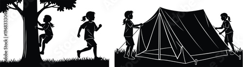 Set of children outdoor activity silhouettes featuring kids climbing a tree, running in the grass, and setting up a camping tent for summer camp adventure.