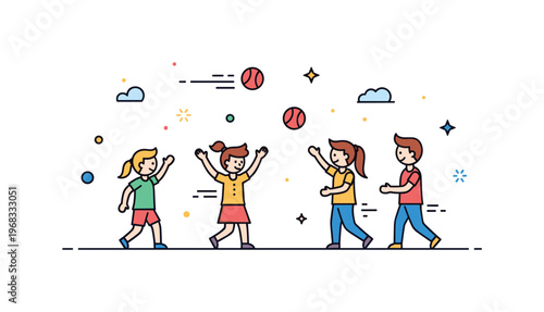 Throwing a ball school playground scene where kids throw balls during recess while small sparkle and line icons emphasize motion, energy, and camaraderie. The