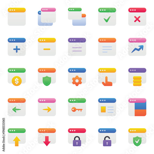 Gradient color icons set for Webpages, websites, browser, window