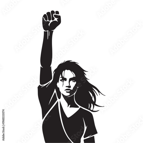 A determined woman raises a clenched fist in a powerful display of resistance a striking silhouette