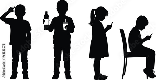 Set of children silhouettes featuring kids using smartphones, drinking from bottles and cups, and sitting on a chair for modern lifestyle and technology concepts.