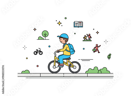 Tricycle ride neighborhood exploration concept where a child pedals past houses and trees while tiny sparkle and star icons highlight curiosity, independence,