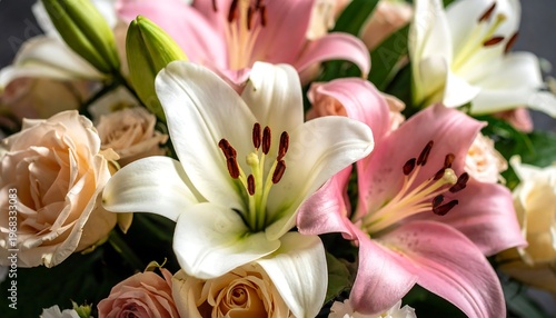 Close-up shot of a vibrant floral arrangement featuring pink, white, and peach lilies and roses. Fresh, bright colors against a darker backdrop