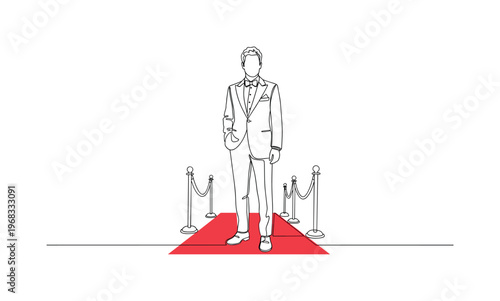 Movie Premiere Star. Minimalistic one-line drawing actor standing with glamorous outfit on red carpet, continuous single black line on white background, simple