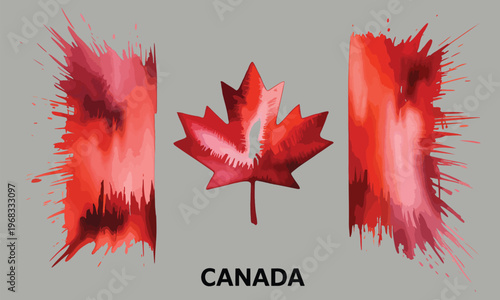 A vibrant red watercolor styled Canadian flag features a central maple leaf and paint splatters