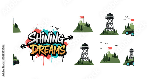 Shining Dreams. lettering and all elements in black. Vector style. AWhite background. Pure white background. Perfect isolation and visual consistency. Funky