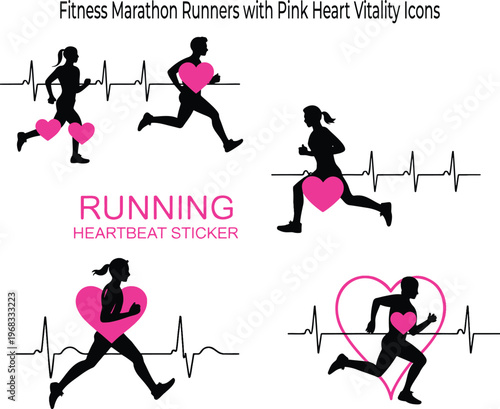 Silhouettes of diverse fitness marathon runners are shown with vibrant pink hearts and heartbeat lines