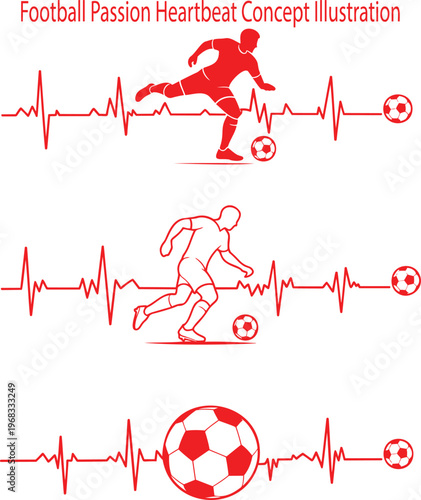 Red heartbeat lines pulsate around a soccer player kicking a ball representing football passion