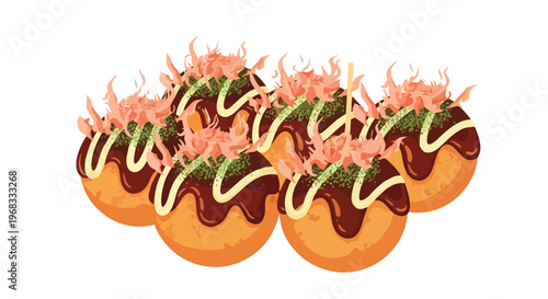 Delectable Japanese Takoyaki Octopus Balls Artfully Arranged with Savory Toppings