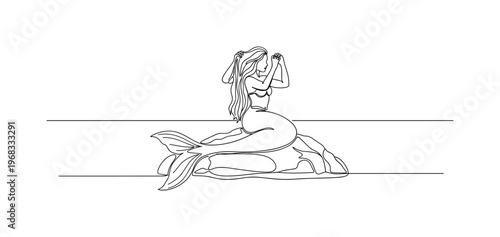 Mermaid at Dusk. Minimalistic one-line drawing mermaid combing hair on rock by ocean horizon, continuous single black line on white background, simple outline
