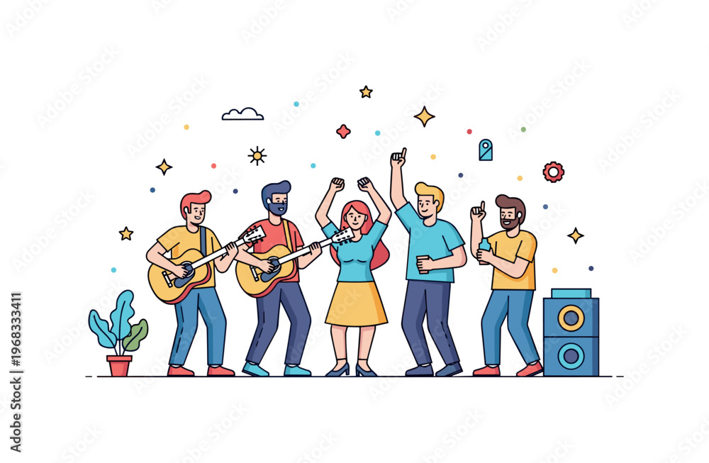 Fototapeta premium Group of friends festival concept where friends enjoy music and dance together while tiny sparkle and star icons highlight celebration, joy, and communal