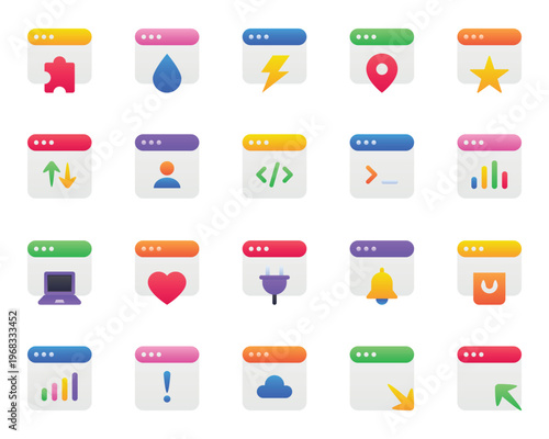 Gradient color icons set for Webpages, websites, browser, window