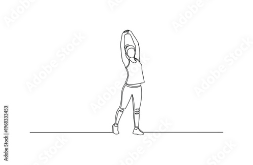 Healthy Lifestyle. Minimalistic one-line drawing individual jogging or stretching outdoors, continuous single black line on white background, simple outline