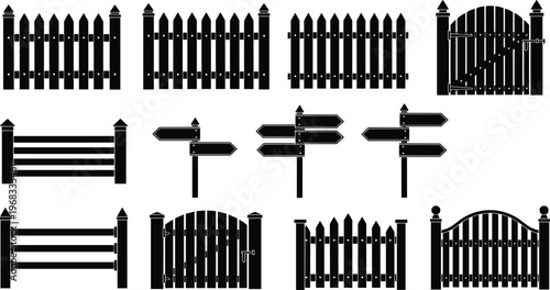 Set of wooden garden fence silhouettes, rustic gate icons, and timber direction signposts for rural backyard design, farm property boundaries, and outdoor navigation elements.