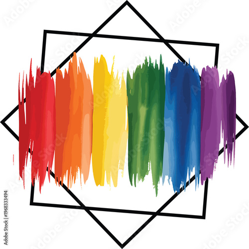 Vibrant rainbow colored paint strokes are contained within a striking black geometric square frame