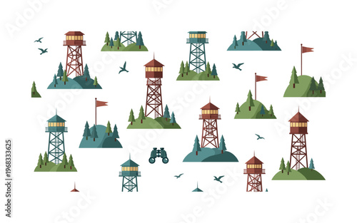 elevated motifs seamless pattern, repeating pattern, surface design, textile print, modern illustration of watchtowers, forests, hills, observation decks,