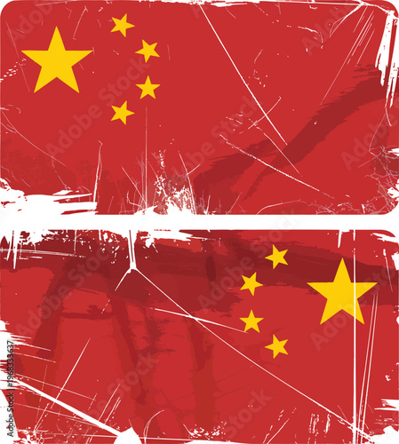 Distressed and grunge textured Chinese national flags featuring yellow stars on a vibrant red background