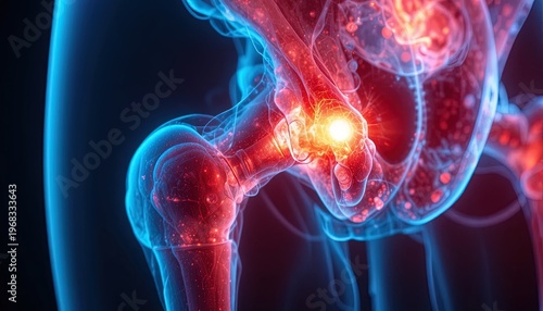 Hip Joint Pain Radiating in Blue and Red: Illustrative Representation of Arthritis and Inflammation