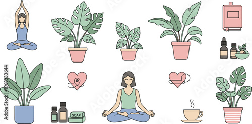 Wellness and Self-Care Illustration with Yoga, Plants, Essential Oils, and Healthy Living Icons for Relaxation and Lifestyle Design