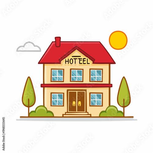 Cartoon illustration of a hotel building with a red roof, trees, and the sun.
