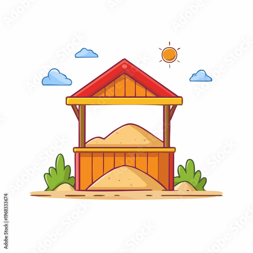 Cartoon illustration of a sandbox with sand and surrounding greenery